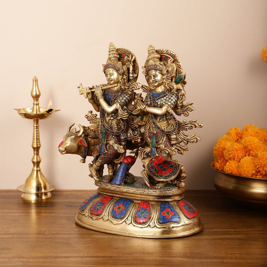 Brass Superfine Radha Krishna with Cow Idol - 16 Inch