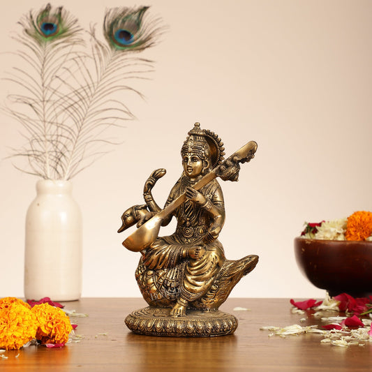 Brass Superfine Saraswati Idol - 8.5 Inch