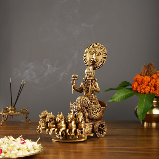 Brass Surya Rath Chariot - 12" Height, 7 Horses - Intricate Detail