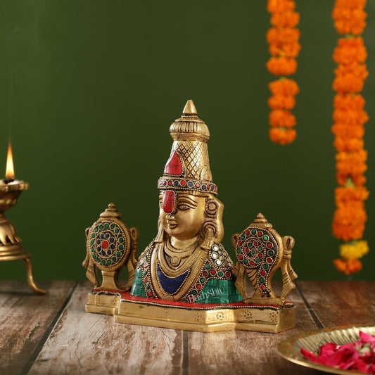 Brass Table Accent: Lord Tirupati Balaji Venkateshwara Swamy with Shankh Chakra | 8.5" Height