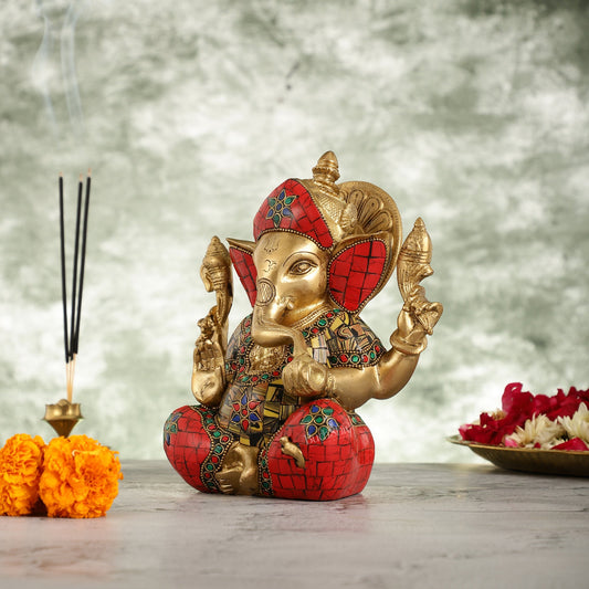 Brass Ganapati Idol with Sharp Features - 8 Inch