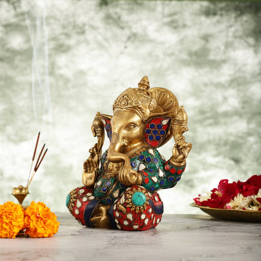 Brass lord Ganesha Idol with Sharp Features - 8 Inch