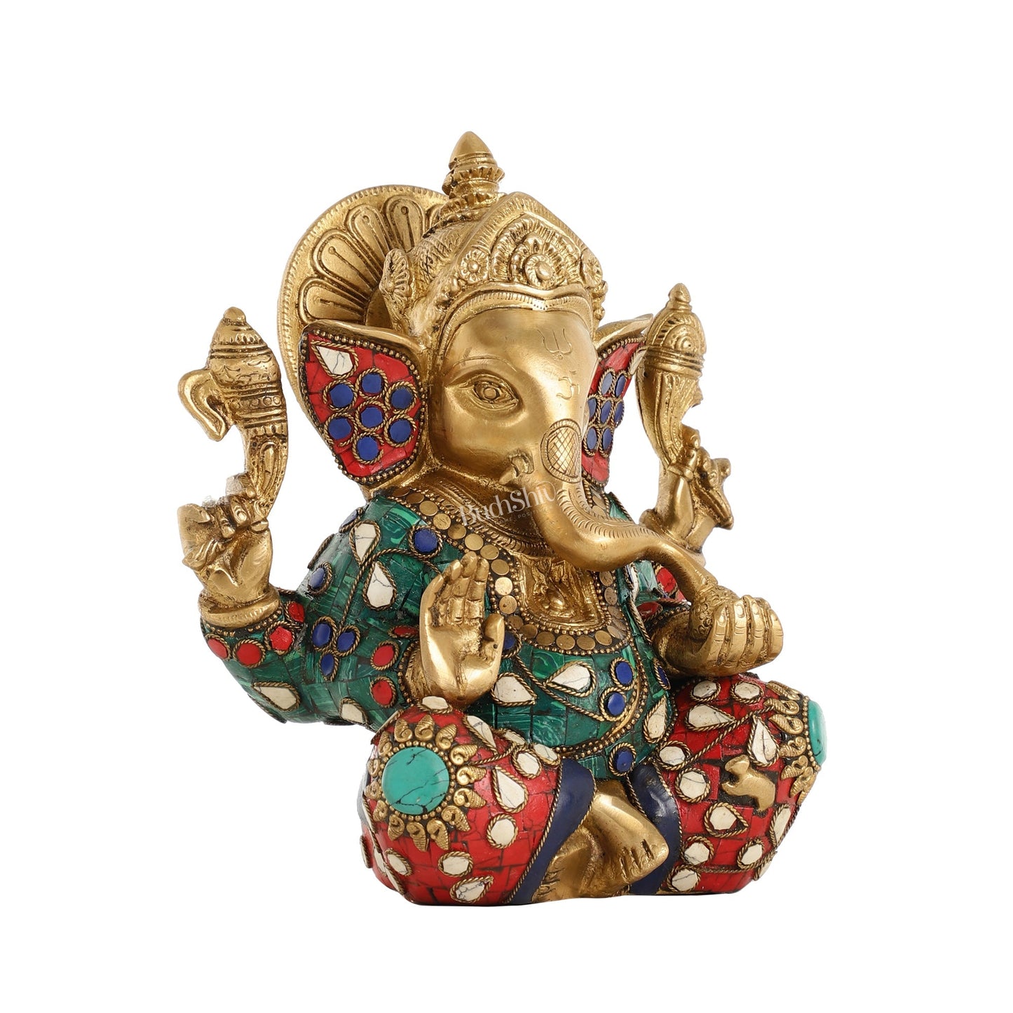 Brass lord Ganesha Idol with Sharp Features - 8 Inch