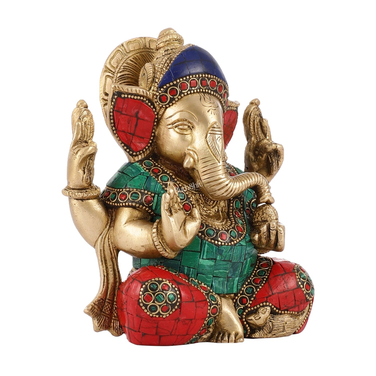 Brass Taj Ganesha Idol with Stonework | Height 7 inch