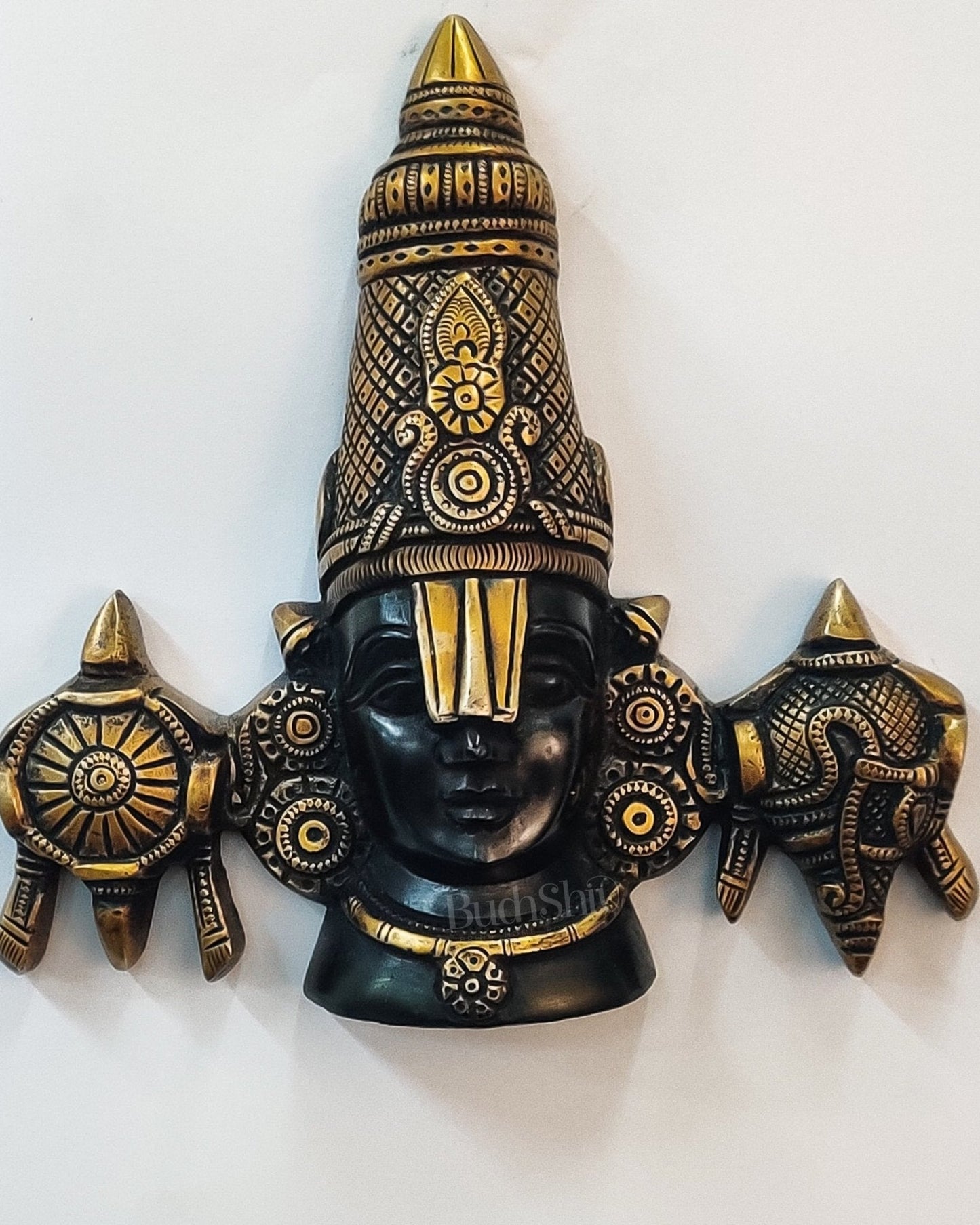 Brass Tirupati Balaji face with shankh and chakra wall hanging 7 "