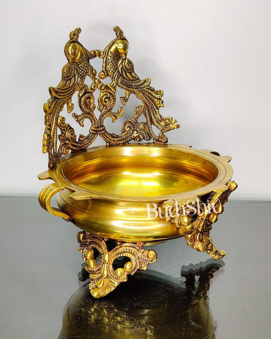 Brass Traditional Twin Peacock Design Urli 9.5 inch