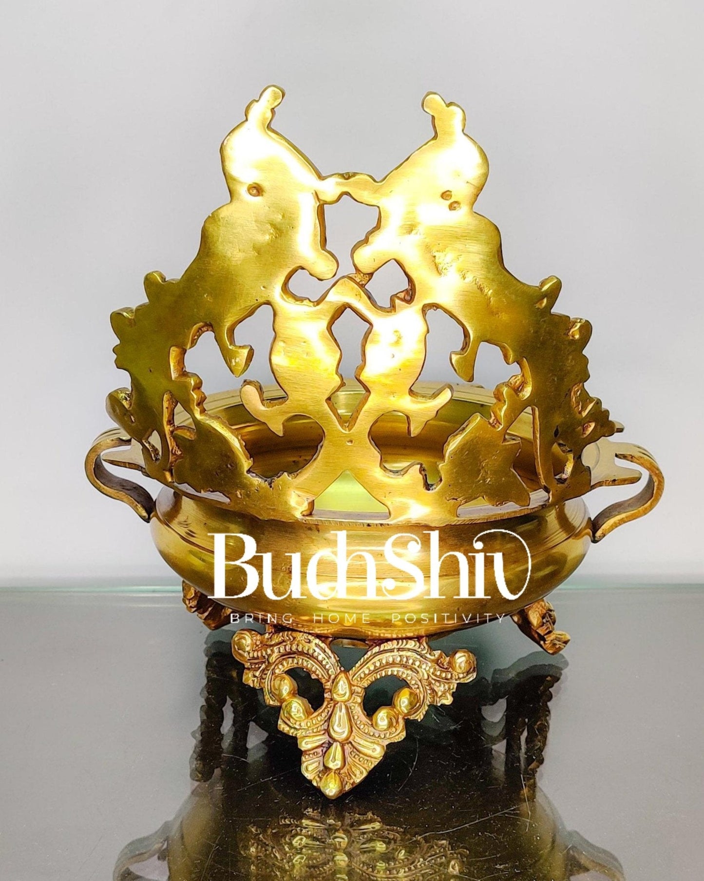 Brass Traditional Twin Peacock Design Urli 9.5 inch