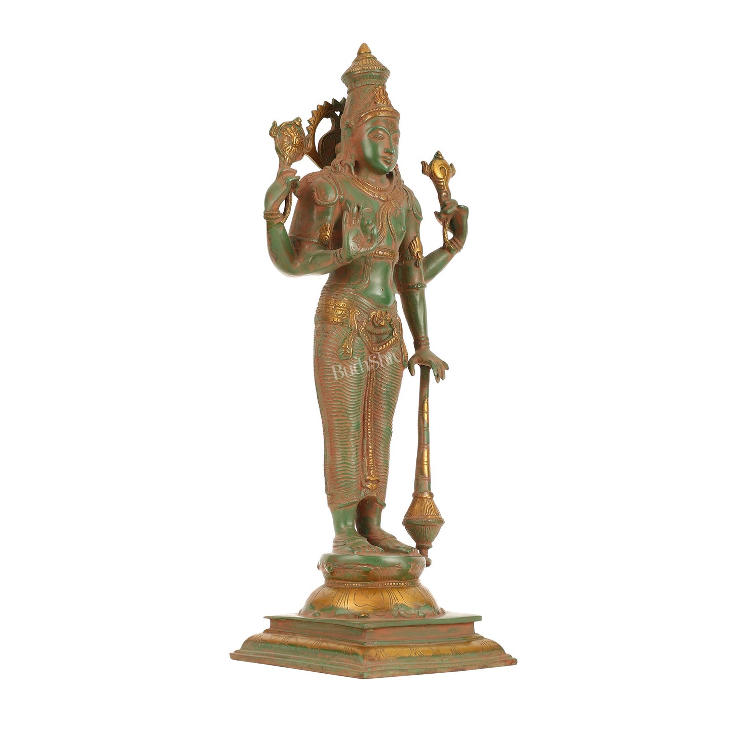 Pure Brass Standing Lord Vishnu Statue - Antique Patina Finish, 20" Tall, 7kg