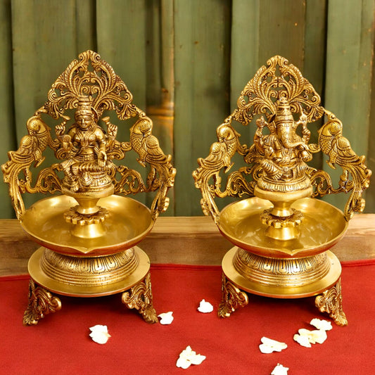 Shribadri Large Brass Laxmi Ganesh Diya/ Urli Set