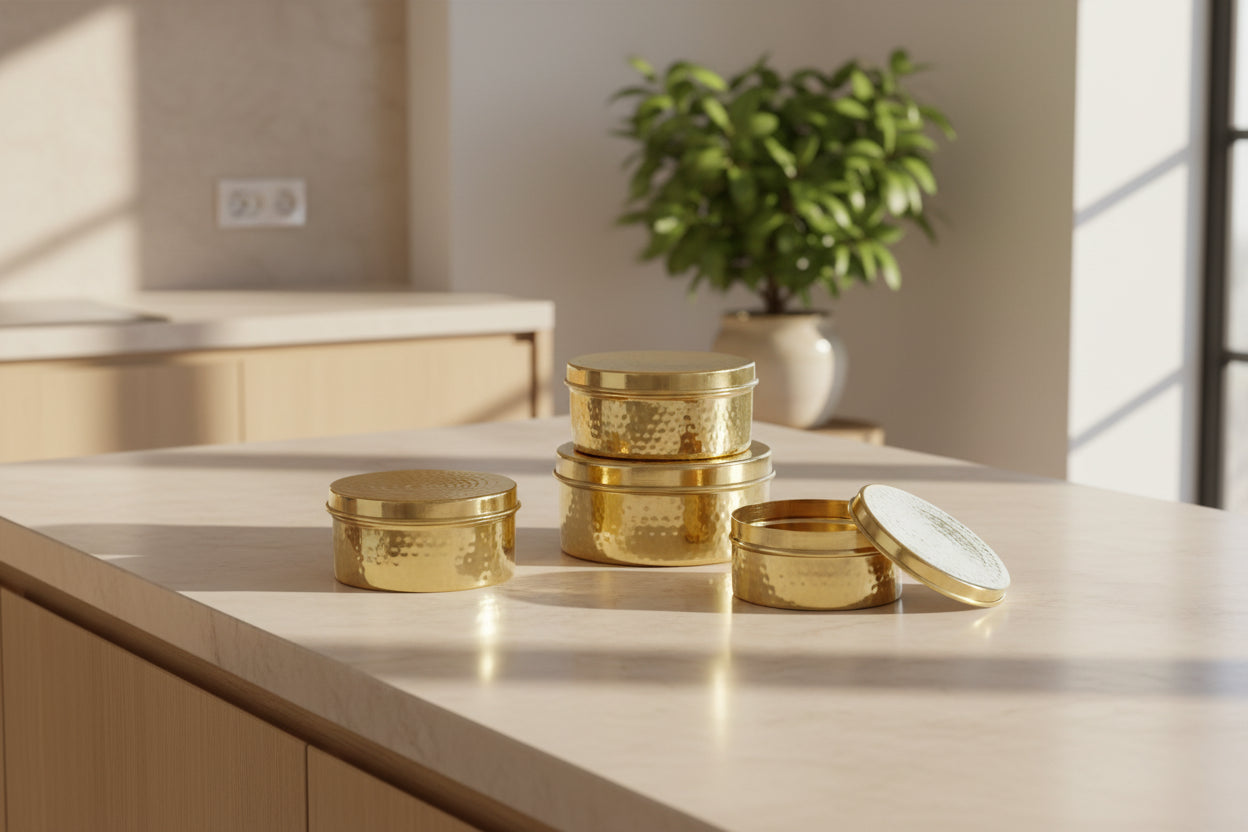 Traditional Brass Dabba Set of 4 – Ideal for Wedding Gifts & Kitchen Storage