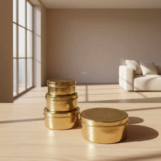 Traditional Brass Dabba Set of 4 – Ideal for Wedding Gifts & Kitchen Storage