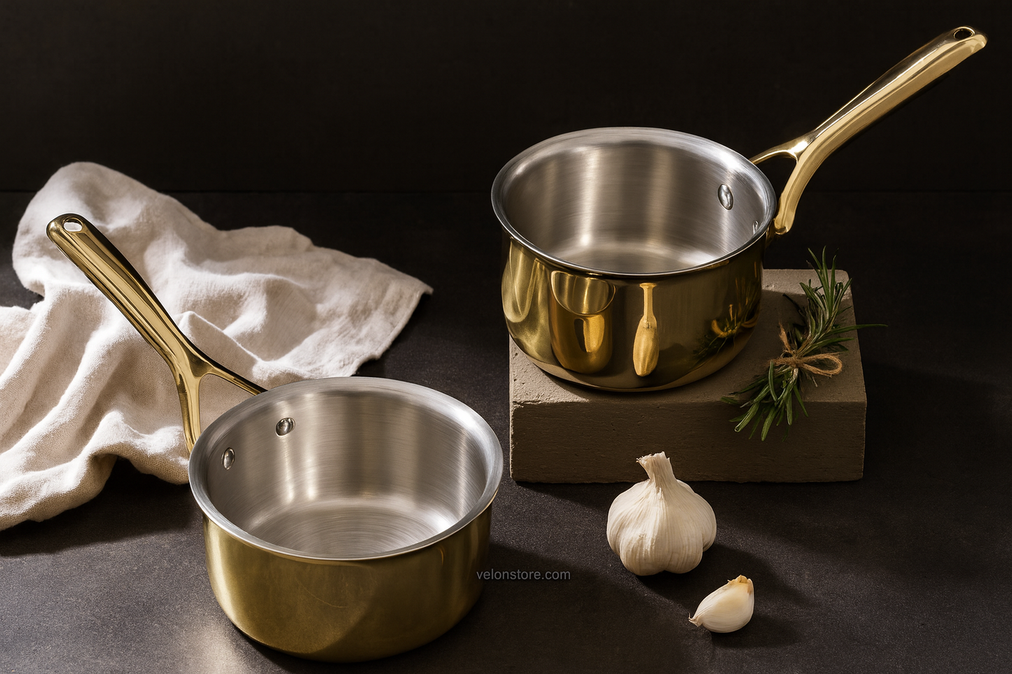 Set of 2 Brass Saucepans with Insulated handles (1.2L, 1.8L)