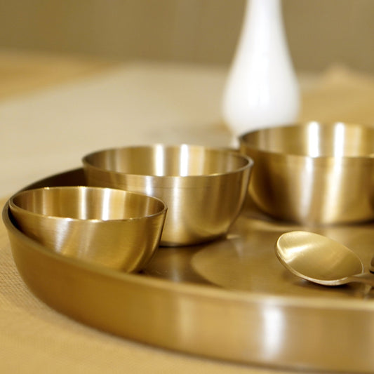 Bronze / Kansa Dinner Set With Matt Finished | Thali, Bowl, Spoon and Glass