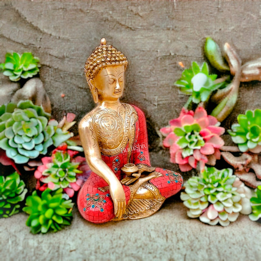 Buddha Aashirwaad Brass Idol with Meenakari Stonework | 12" x 9.5" x 6"