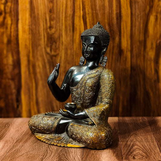 Buddha Brass Idol, Buddha Statue, Brass Buddha Aashirwad Mudra Statue, Black and Golden Finish 17 inches