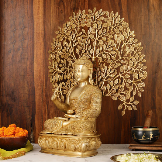 Buddha Brass statue with bodhi tree 25 inches