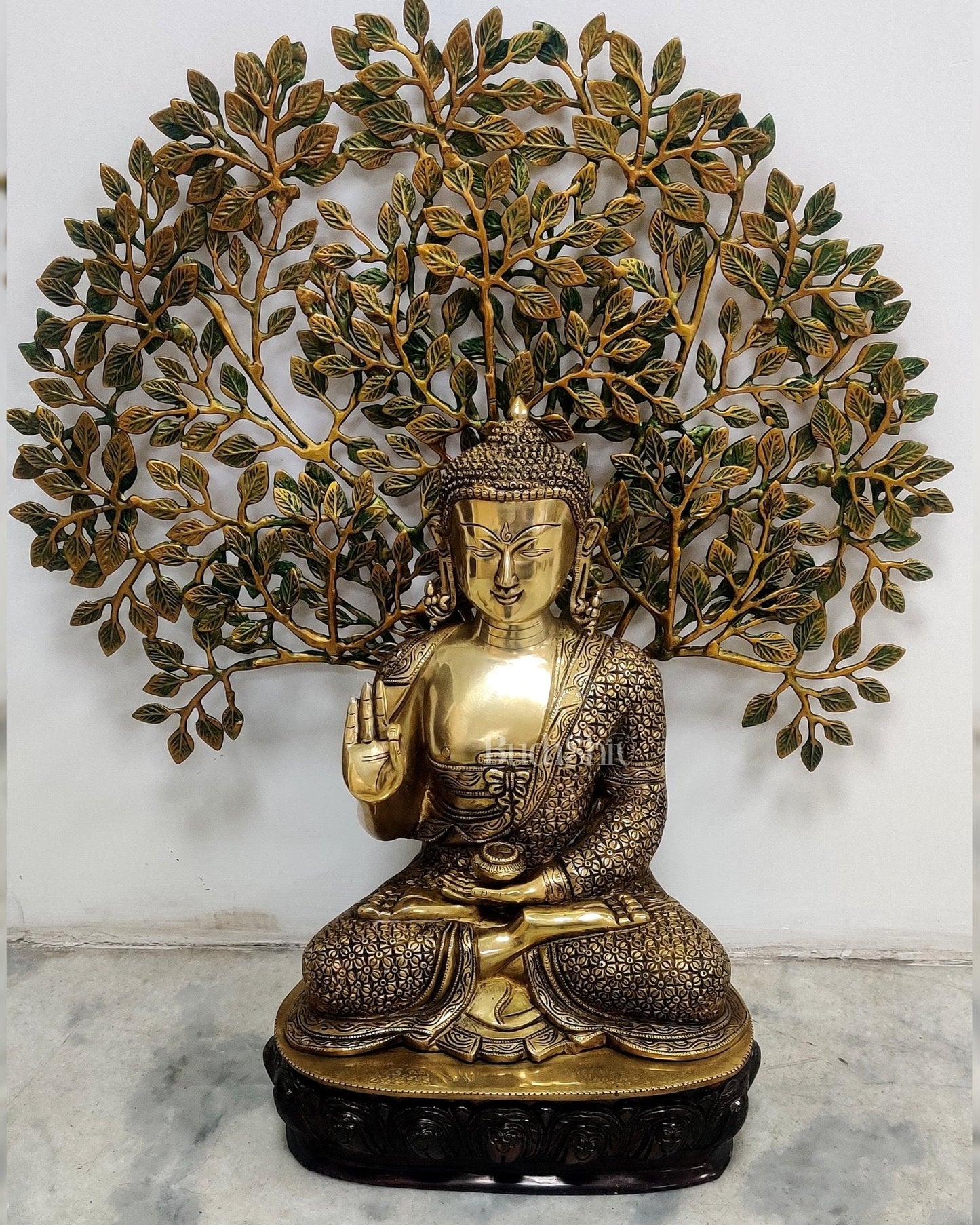 Buddha Brass statue with bodhi tree 25 inches