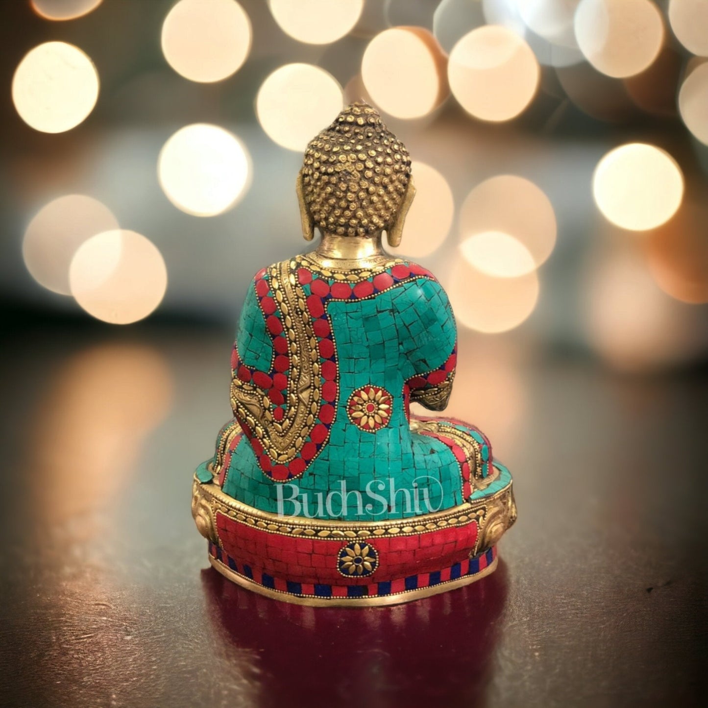 Calm Brass Buddha Statue with Stonework | 12 inch