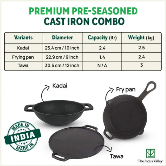 CASTrong Cast Iron Cookware Set: Free ₹110 Spatula +Tawa+Kadai+Fry Pan, Kitchen set for Home, Pre-seasoned,100% Pure,Toxin-free