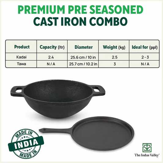 CASTrong Cast Iron Cookware Set: Tawa+ Kadai (Wok model), Kitchen Set for Home, Pre-seasoned, 100% Pure, Toxin-free, Free ₹400 Tadka Pan
