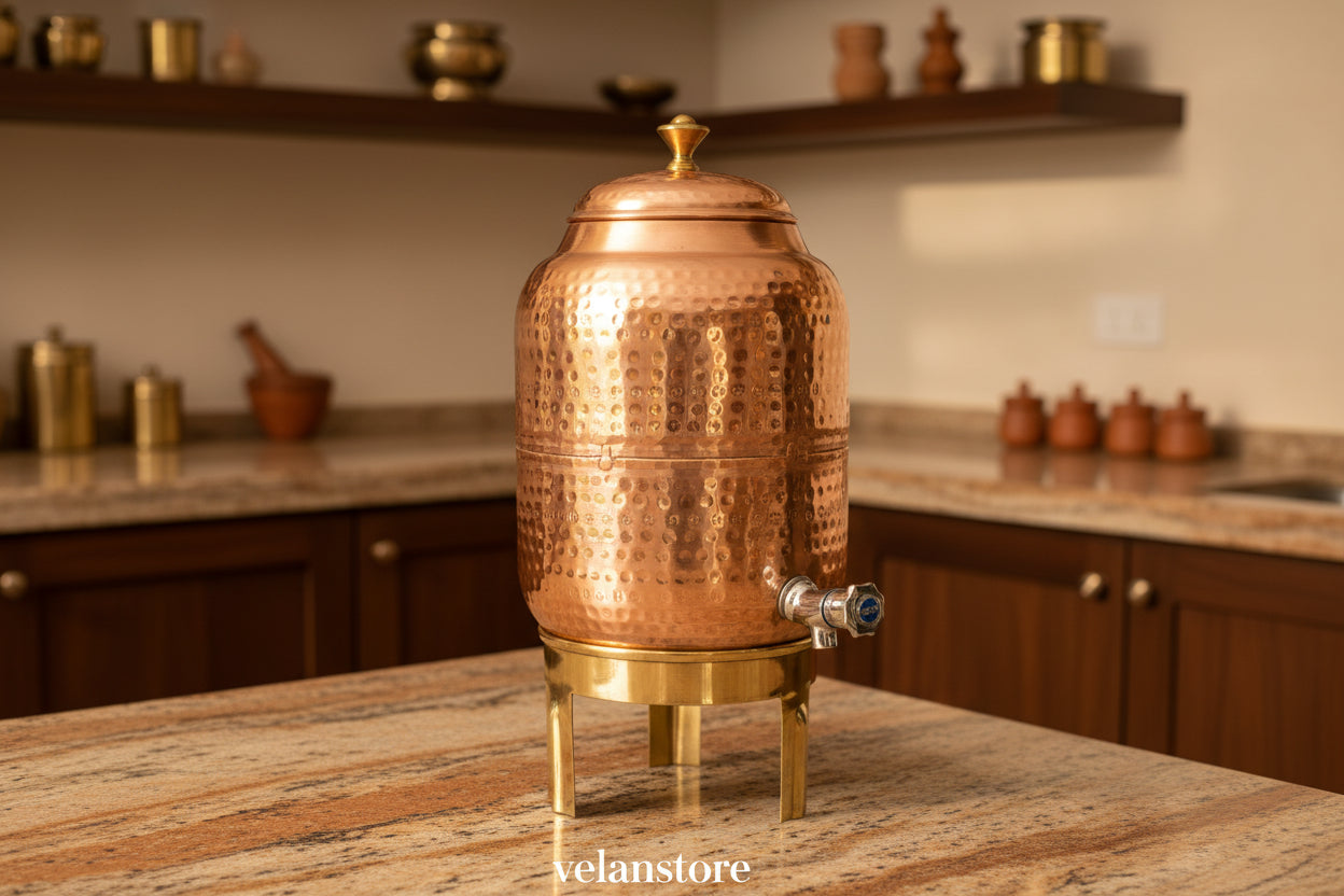 Handmade Pure Copper Stylish Dispenser With Stand and Glass