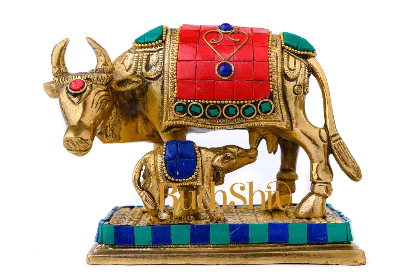 Cow and Calf Brass Statue Dressed in Stones | Kaamdhenu Cow Idol