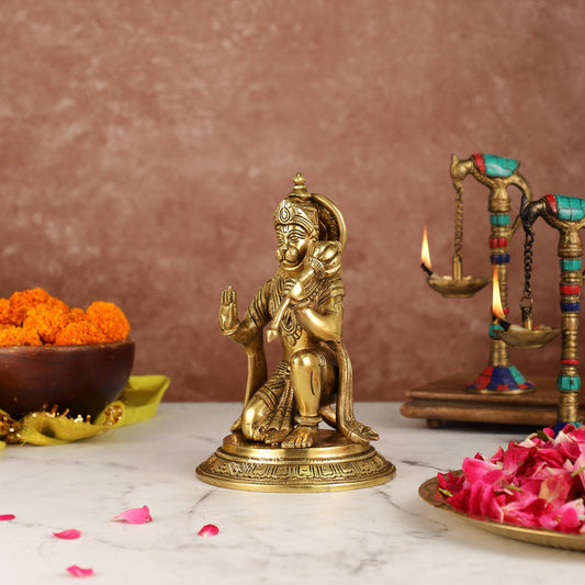 Divine 8.5-Inch Brass Gadadhari Hanuman Idol - Blessing Pose Aashirwad Mudra