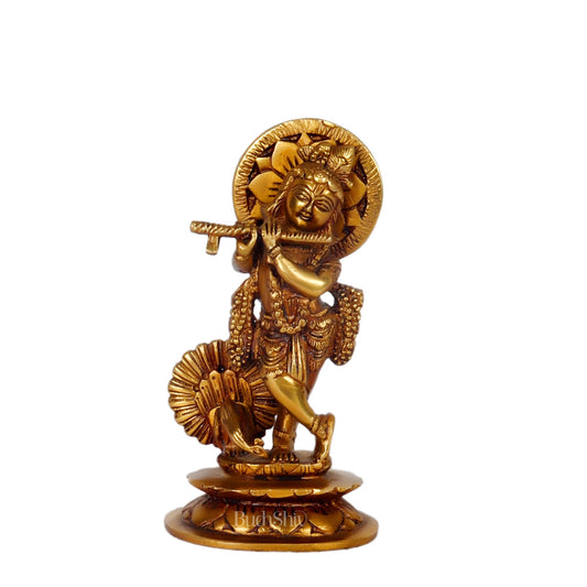 Divine Brass Krishna Idol with Peacock | Height 6.5 Inch