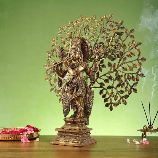 Divine Brass Krishna statue with Kalpavriksha Tree - 24 inches