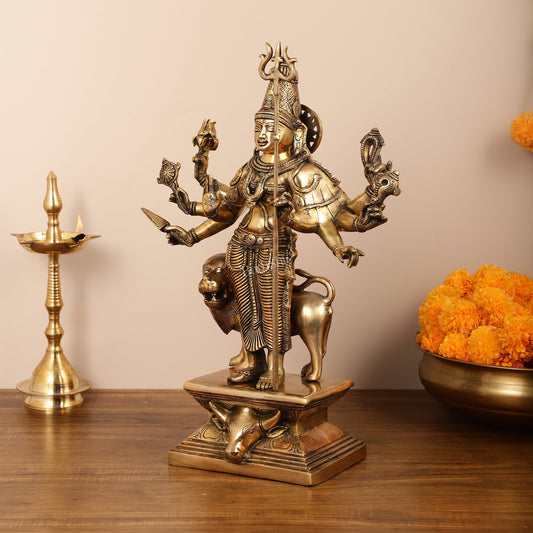 Standing Durga Brass idol with 8 arms and lion 18 inch