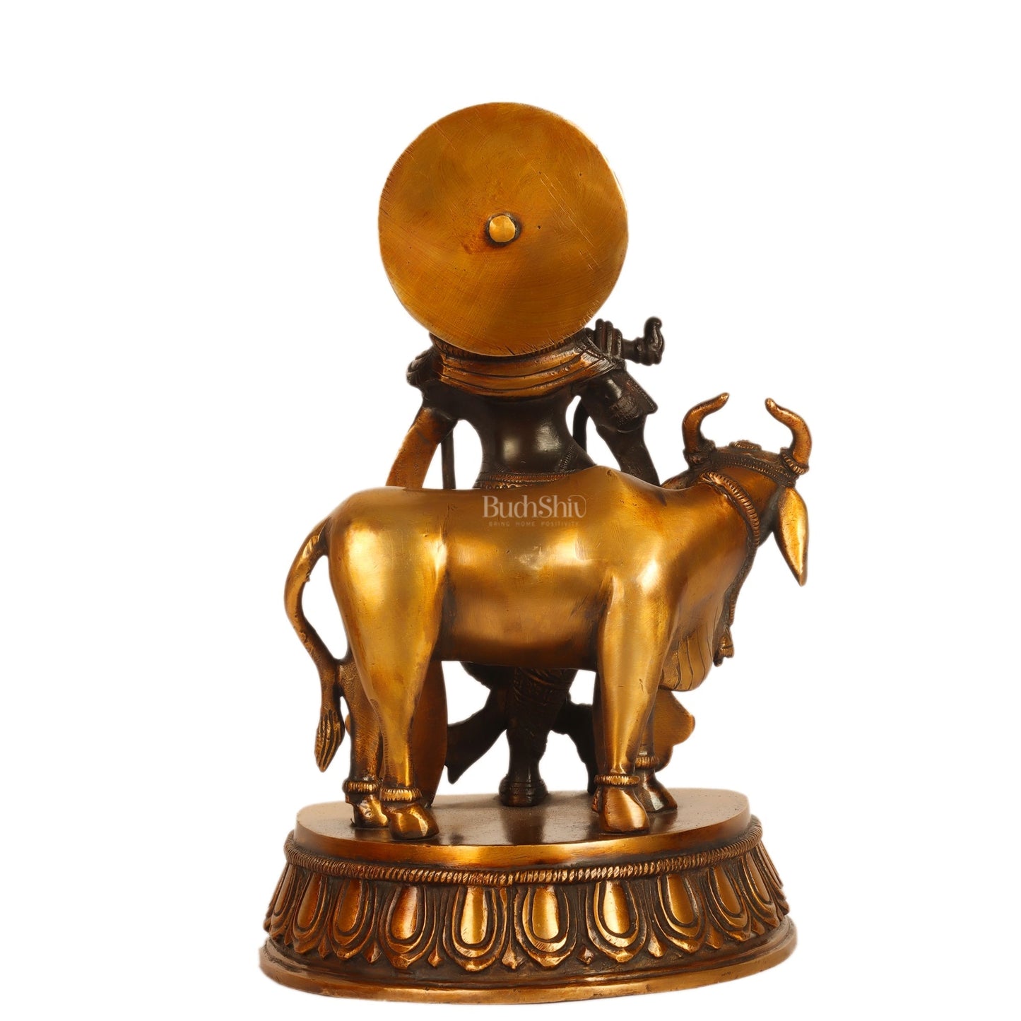 Exquisite Brass Lord Krishna Statue with Flute and Holy Cow 9"