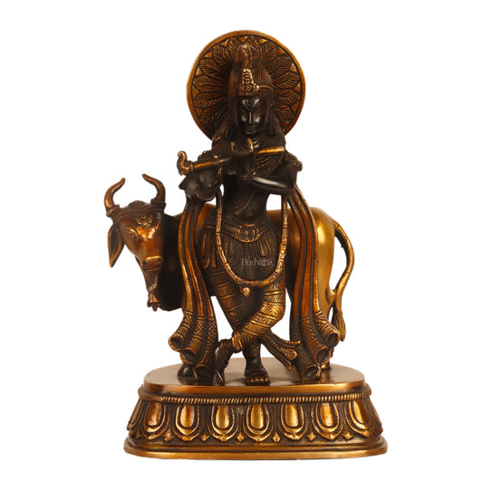 Exquisite Brass Lord Krishna Statue with Flute and Holy Cow 9"