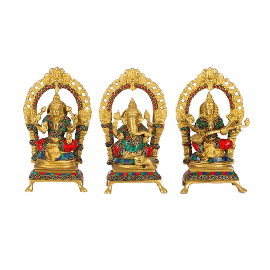 Divine Ganesha with Lakshmi and Saraswati - Handcrafted Brass Statues - 8"