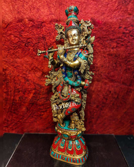Divine Krishna Kanhaiya Brass Statue with Natural Stones | Height 29 inches
