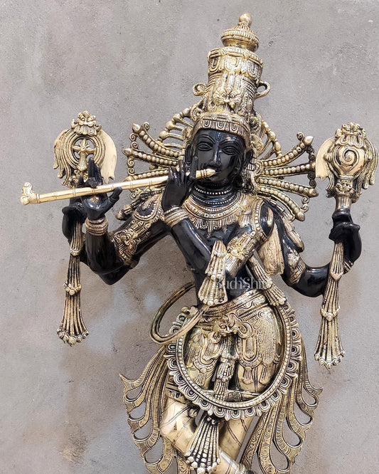 Divine Krishna Statue in Brass - Black and Golden Finish, 41" Tall
