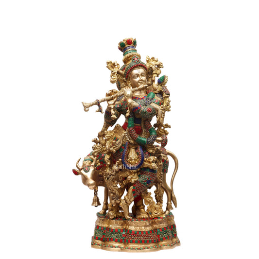 Exquisite Brass Krishna with Cow Idol - Meenakari, 26.5" Tall, 26kg
