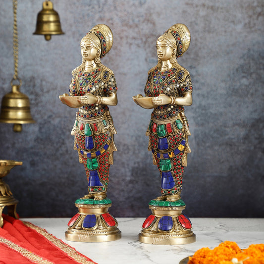 Elegant Brass Deep Lakshmi Pair Pavaai Vilakku with Stonework | 14" Height