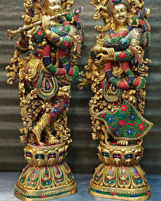 Elegant Brass Handcrafted Radha Krishna Idols - 30" Tall, 35 kg Pair