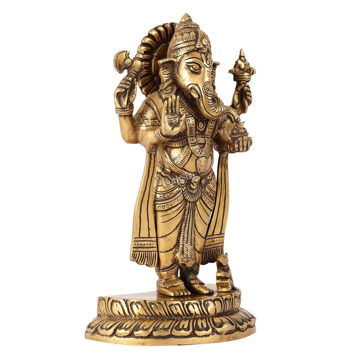 Elegant Brass Standing Blessing Ganesha Idol with 4 Arms - 12 Inch