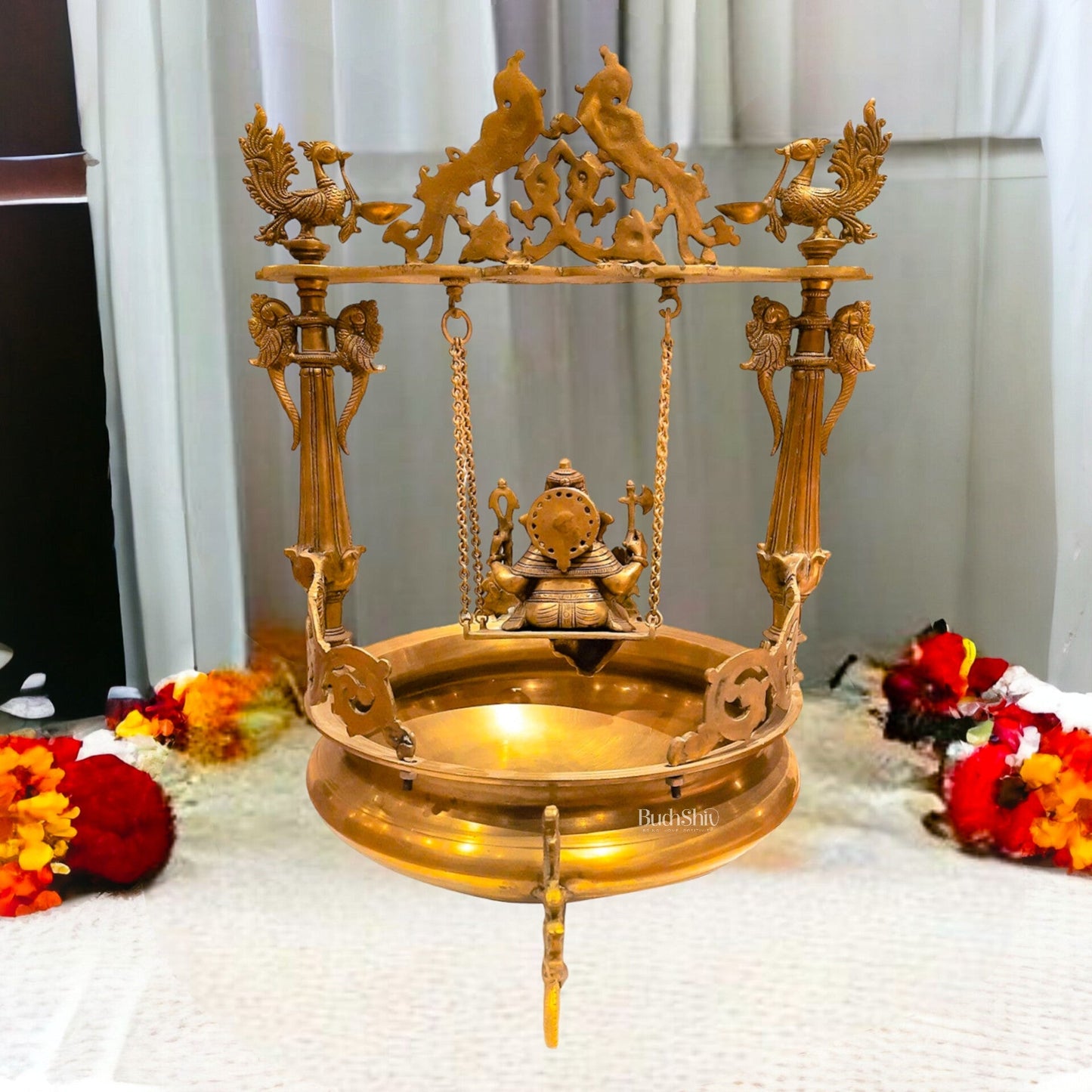 Elegant Large Brass Ganesha Swing Urli Bowl with Stand 27"