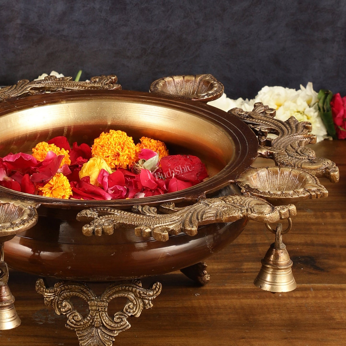 Elegant Pure Brass Urli with Diyas - 15"x15"x5.5" | Traditional Decor