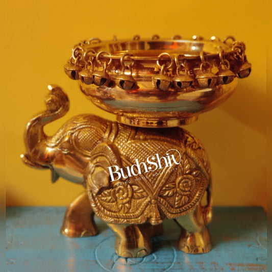 Engraved Elephant brass urli Golden shine