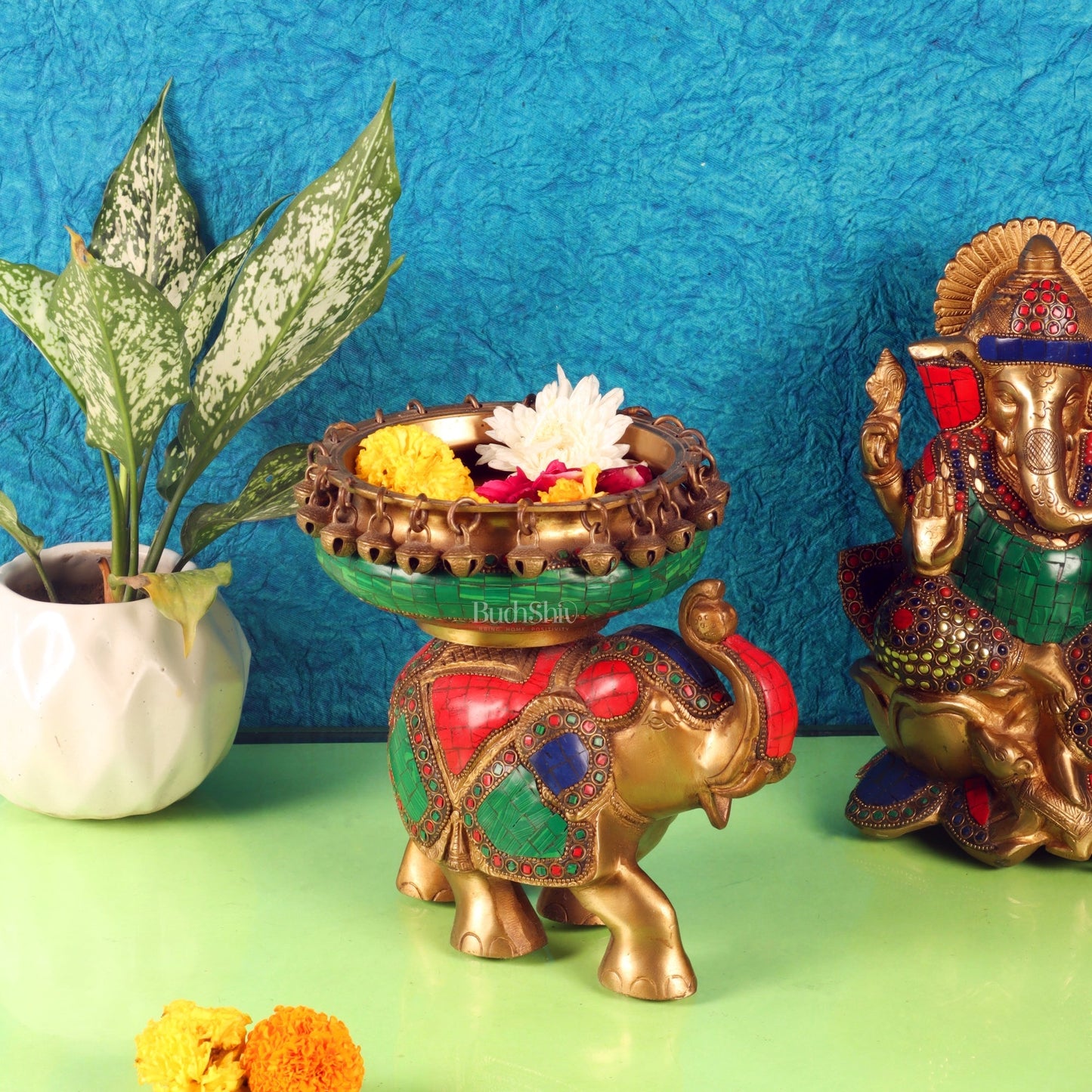 Engraved Elephant brass urli with ghungroo inlay stonework