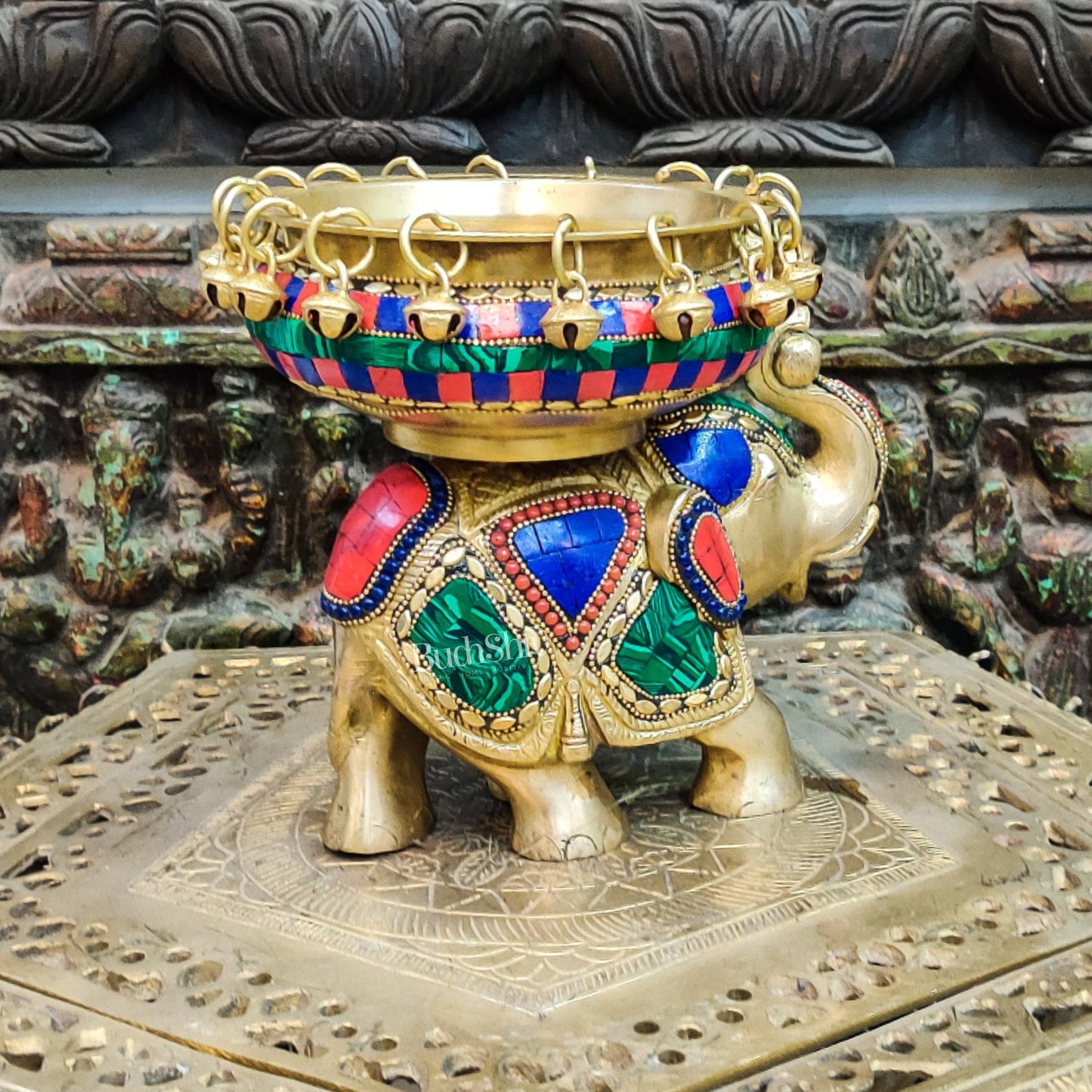 Engraved Elephant brass urli with ghungroo inlay stonework