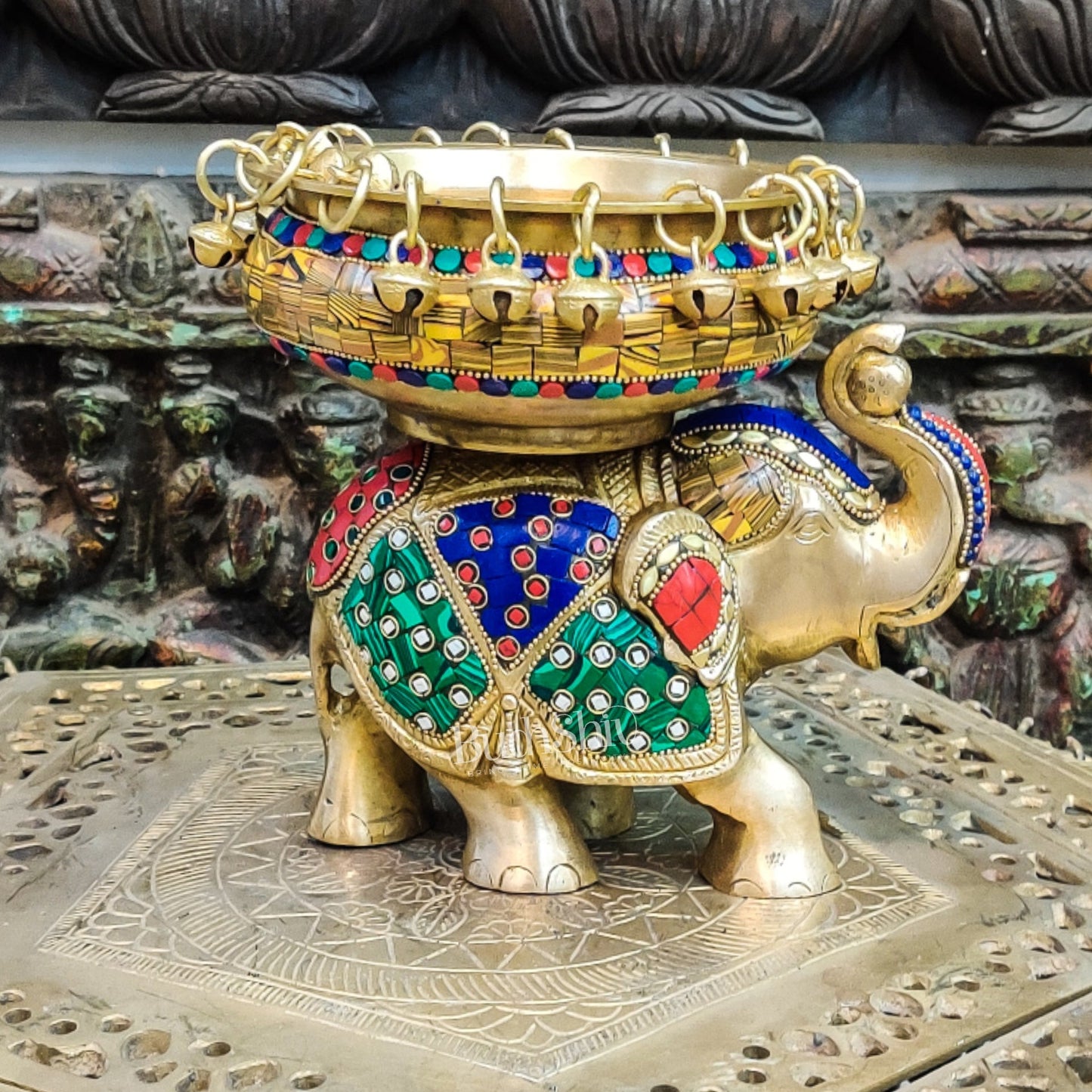 Engraved Elephant brass urli with ghungroo inlay stonework