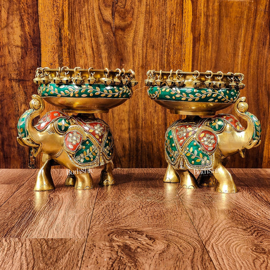 Engraved Elephant brass urli with ghungroo inlay stonework