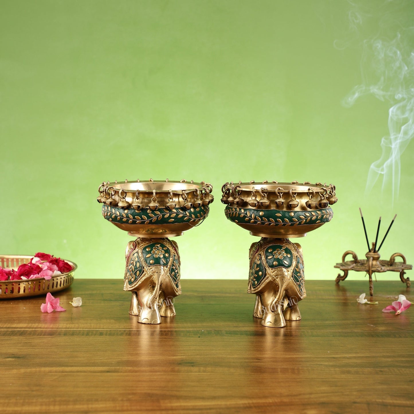 Engraved Elephant brass urli with ghungroo inlay stonework