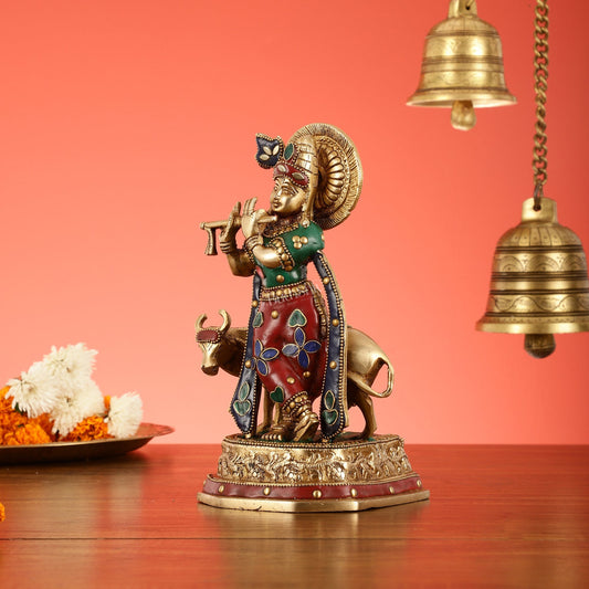 Exquisite 10-Inch Brass Krishna with Cow Stonework