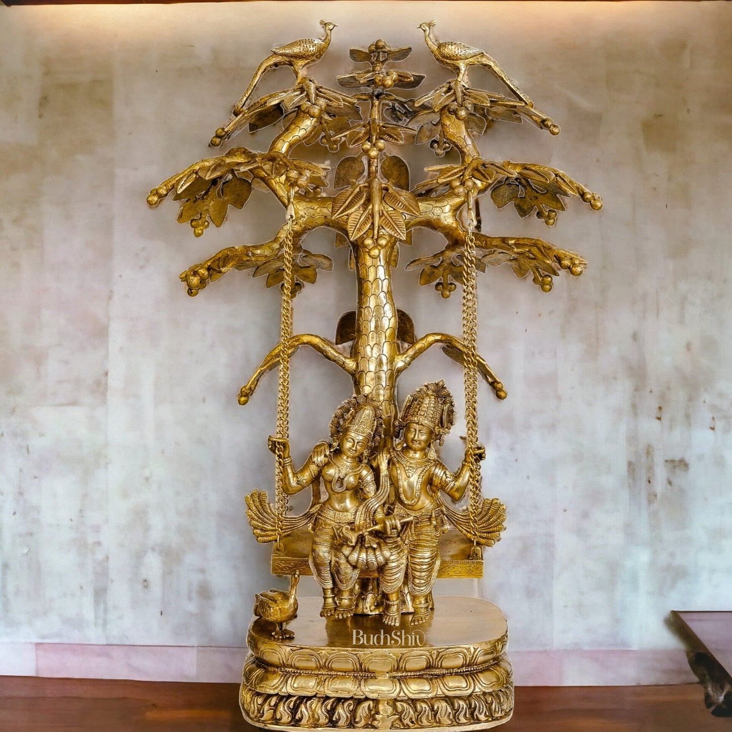 Exquisite 3ft Brass Radha Krishna Swing with Kalpavriksha & Peacocks.