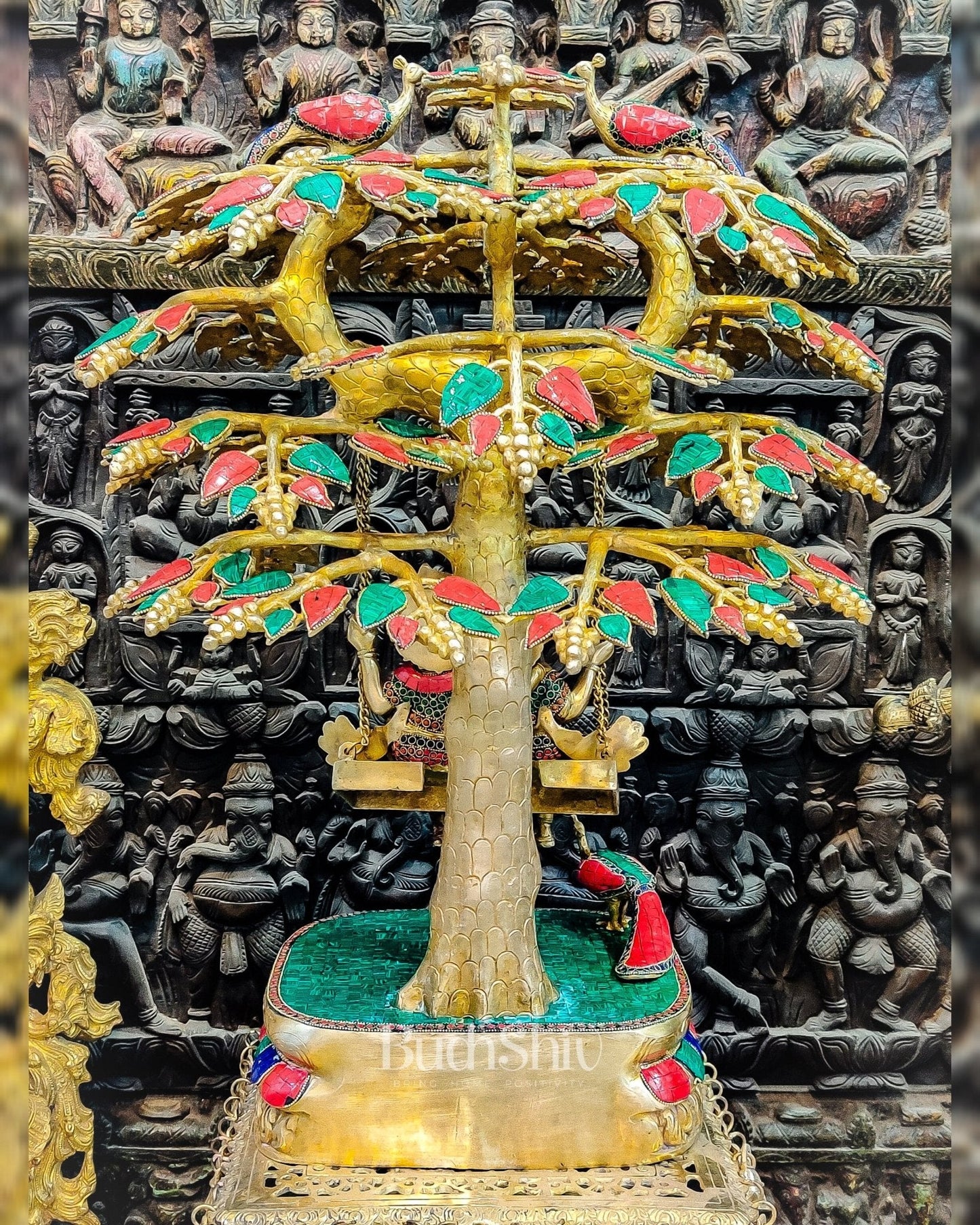 Exquisite 3ft Brass Radha Krishna Swing with Kalpavriksha & Peacocks.